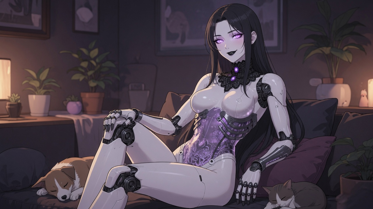 Sable Reiko imagined in black riding leather, silver hair beneath a matte helmet, a stealth-black sport machine at rest beside her