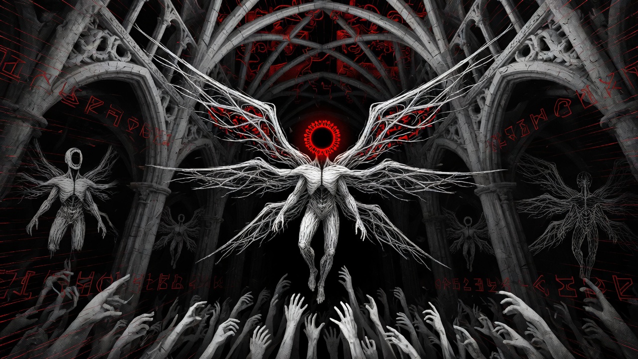 A wire-veined seraph with a red halo eye hangs in a gothic cathedral above a sea of reaching hands