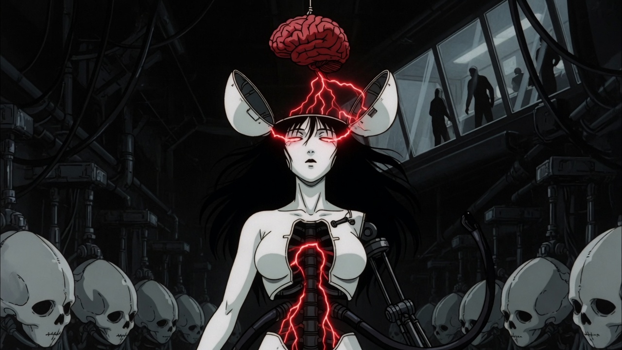 An android shell open at the crown, a brain suspended above it in red arcs of current, rows of skulls watching