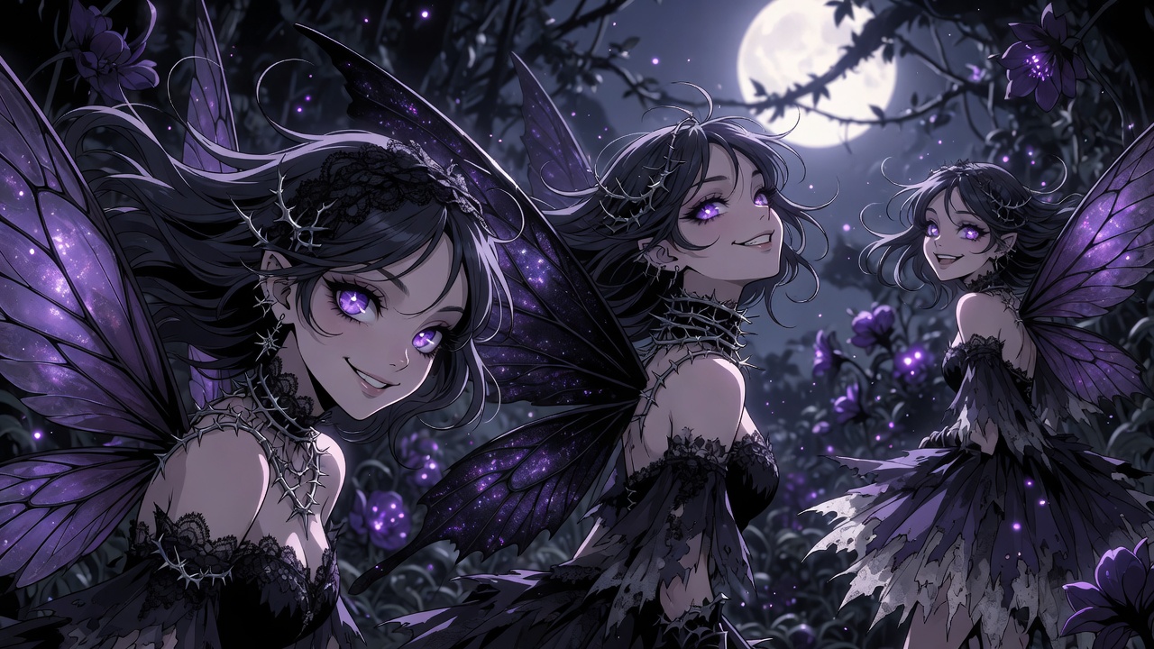 Three gothic fairies with violet eyes and iridescent wings smiling in a moonlit night garden