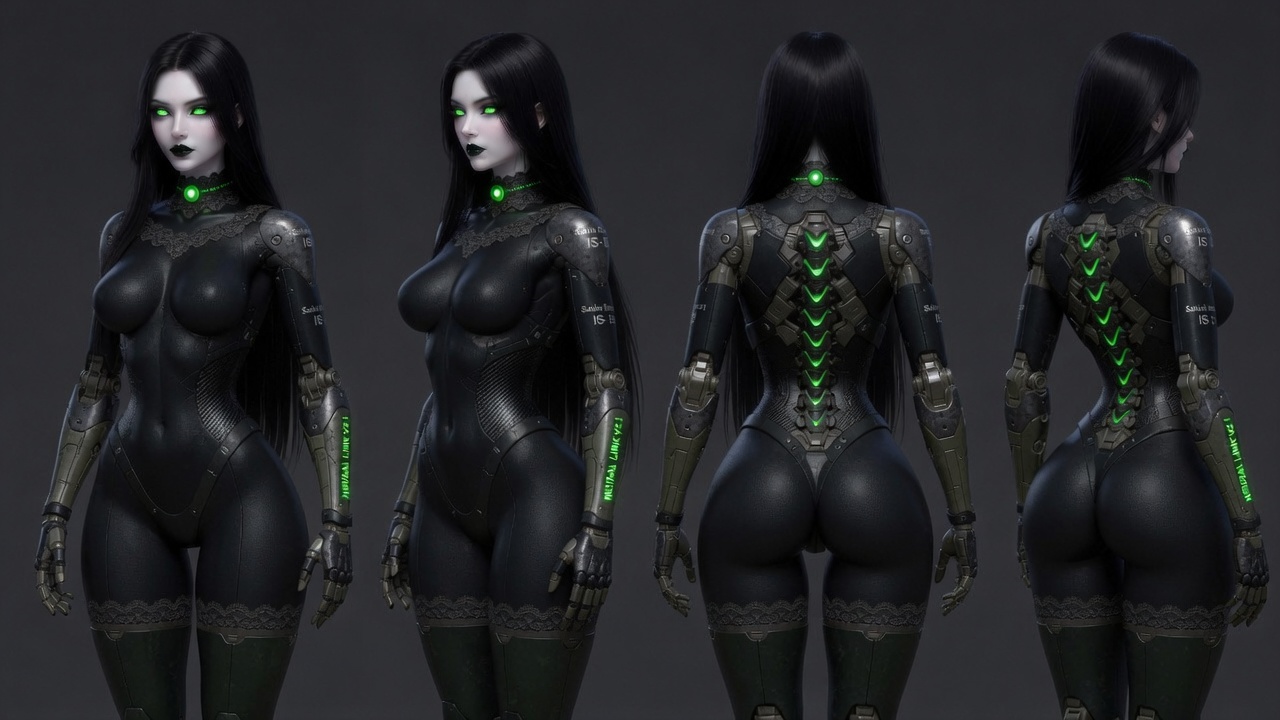 Sable Reiko Assassin Unit – full character turnaround reference sheet showing front, side, and rear views of a black tactical android with glowing green optics and spinal conduit