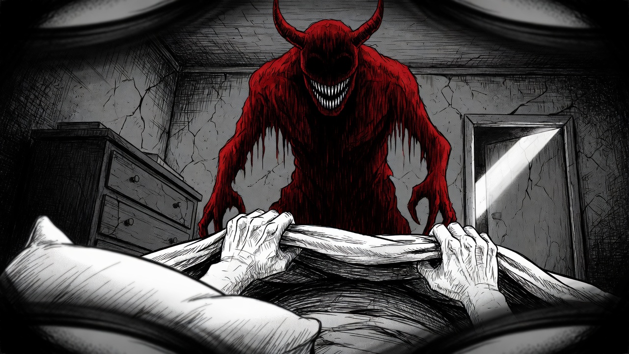 A red horned figure with a wide white grin stands at the foot of a bed, drawn in scratchy ink; two hands grip the blanket in the foreground