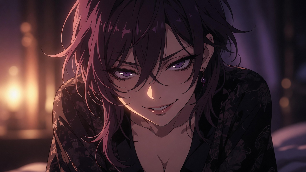A figure leans forward in low violet light, dark hair falling, purple eyes steady, a half-smile that offers neither safety nor apology